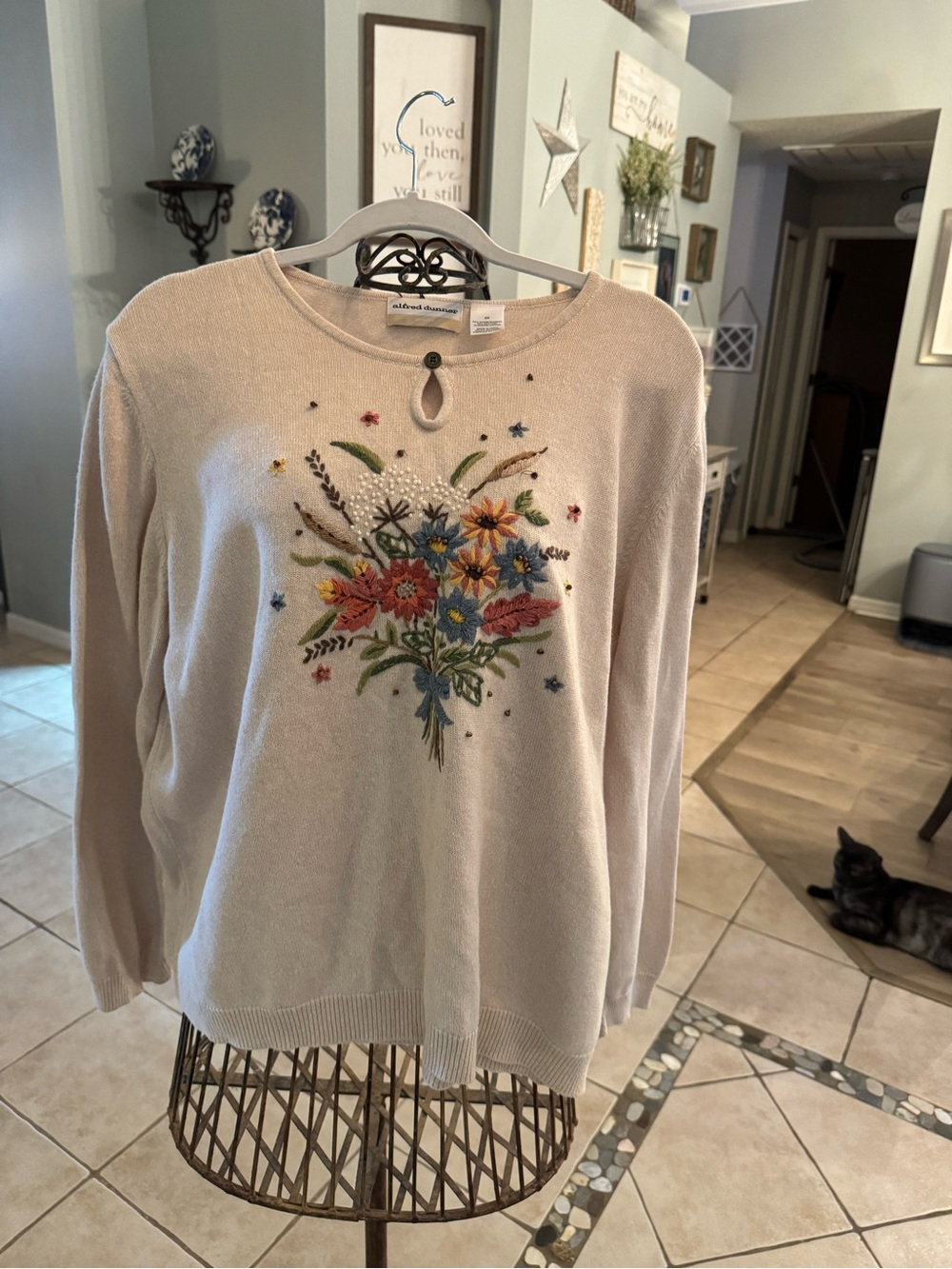 Alfred Dunner 2X Embroidered Floral Sweater Cream Ramie Cotton Cottagecore